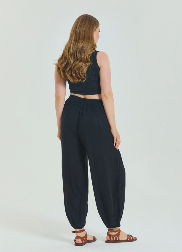 Elastic Waist Relaxed Cut Black Plus Size Trousers 4627
